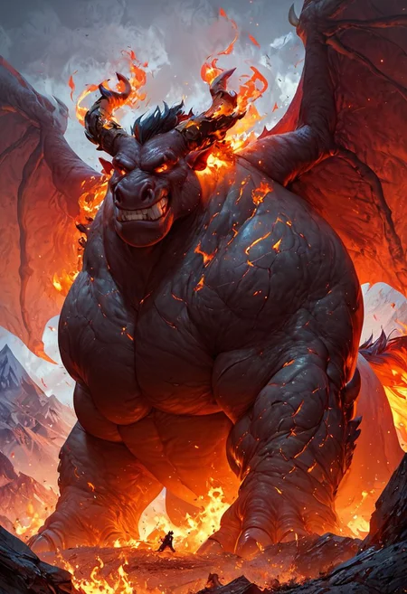 score_9, score_8_up, score_7_up, score_6_up, score_5_up, score_4_up, gigantic horse, teeth, horns, body surrounded by fire, skin like cracked magma flowing, long tail, wings, mountains, fire aura, fantasy, solo focus, epic