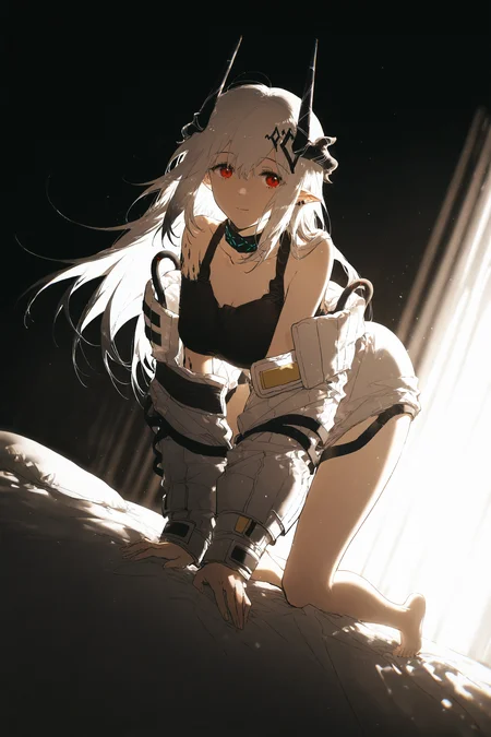 arknights, Mudrock \(arknights\),
1girl,konya karasue,rella,b74_lighting, dynamic angle,
expressionless,
All fours,Bare legs,Bare shoulders,Between legs,Breast pocket,Closed mouth,Hand between legs,Looking at viewer,Off shoulder,Open clothes,Smile,in bed,
masterpiece, best quality, very aesthetic, highres, absurdres, sensitive,