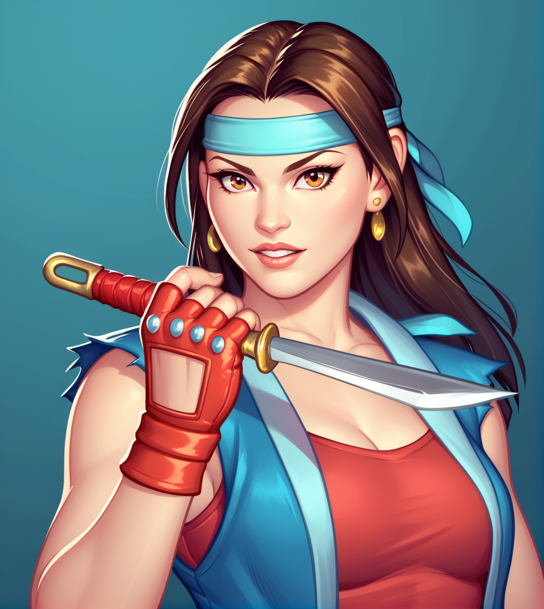 score_9, score_8_up, score_7_up,
aska, red top, sleeveless jean jacket, bandana, fingerless gloves, earring, holding weapon, parted lips, teeth, simple background, blue gradient background, upper body,
<lora:Aska_TMNT:1>