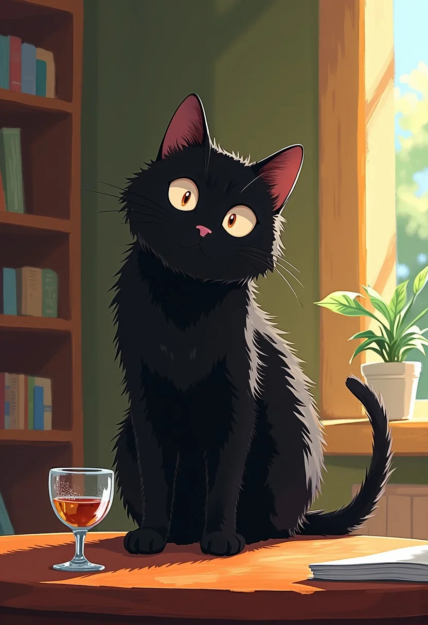 A mischievous black cat is sitting on a table looking at the viewer, he's pushing a glass off the table, modern upper class apartment, dynamic, portrait, anime style oil painting