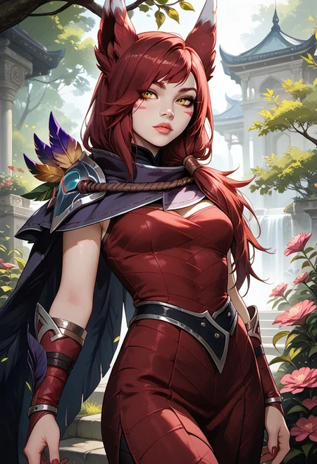 masterpiece,best quality, highly detailed, score_9, score_8_up, score_7_up, score_6_up, score_5_up, score_4_up, ((zPDXL3)), ((zPDXLxxx)), solo, 1girl, XayahNormal, 1girl, solo, red animal ears, facial marks, yellow eyes, red long hair, vambraces, feather cloak, red leather dress, Expressiveh, 30yo, adult lustful confident woman, petite, slender body, perky saggy natural breasts, full lips, bangs, sidelocks, straps,
chinese magical sorceress, animated, swirling magic, wisps of magic, dancing pose, tight squeezed outfit, magical accessories, evoking motion, conveying motion, dynamic splash art, garden, wild, nature,