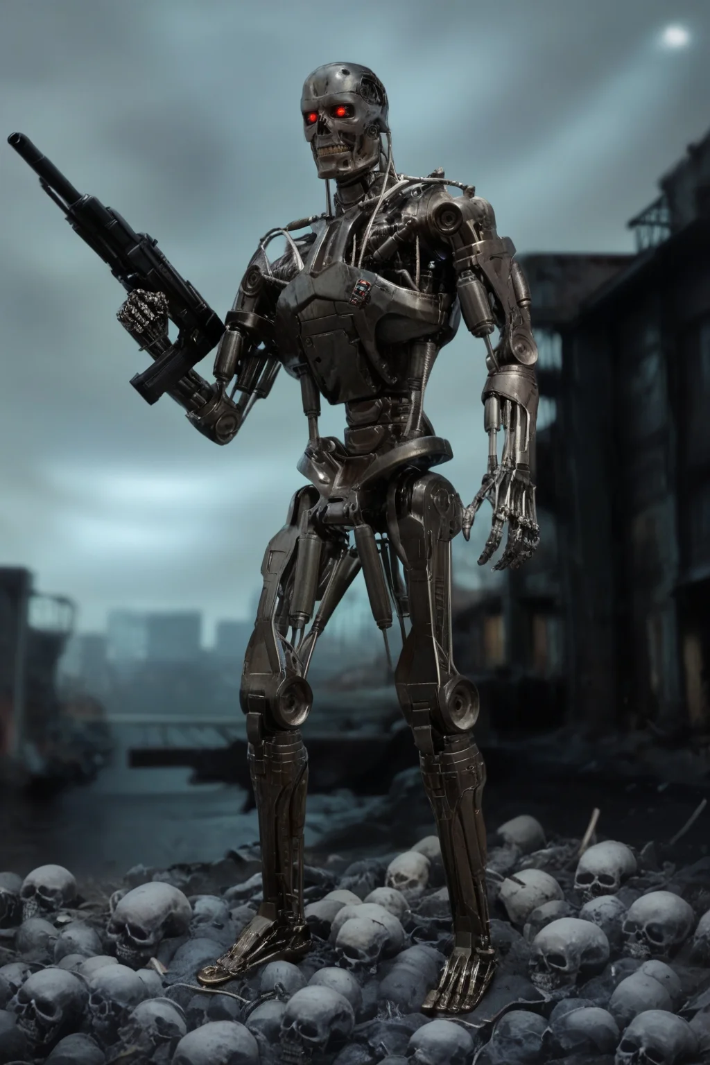 T800_Endo, Terminator robot, score_9, score_8_up, score_7_up, (source_IRL, source_movie), cinematic, realistic, masterpiece, high quality, highres RAW photo, ((full body shot))
an UpgradedT800_Endo Terminator Robot with red eyes, he is made of metal, <lora:T800_Endo_Terminator_Pony_v1:1>
(standing, holding a futuristic gun)
in a destroyed apocalyptic city, with skulls covering the ground, dark cloudy skies, Apocalyptic Landscape, destroyed city
dynamic lighting, highly detailed, intricate details, shadows, at night