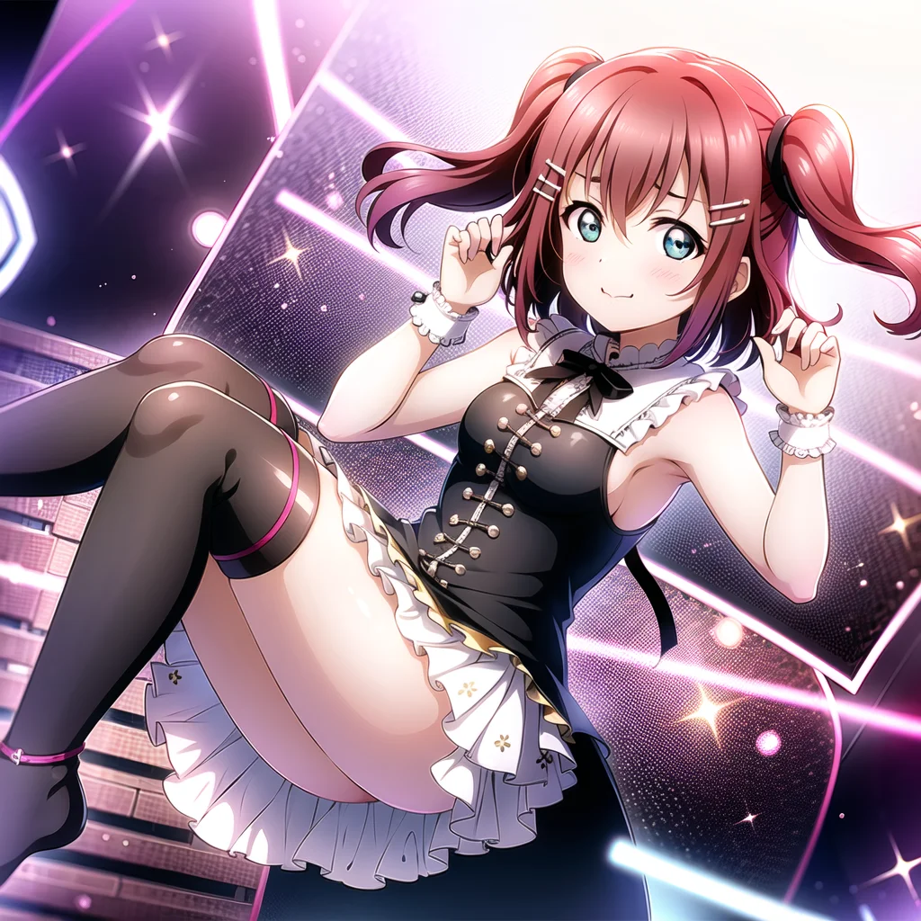 best quality, ultra high res, 1girl, solo focus, ((mini see through dress)), elbow dress, black thighhighs, frills, ribbons, studio background,floating hair, looking at viewer, facing front,