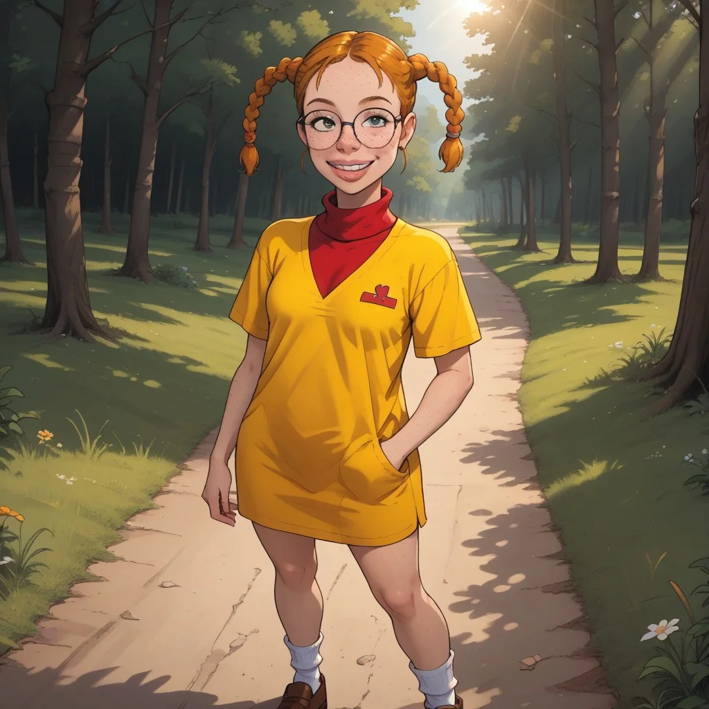 score_9, score_8, BREAK, solo, Eliza_Thornberry_(Wild_Thornberrys), orange hair, twintails, braid, braided twintails, freckles, glasses, pink lips, thick lips, buck teeth, braces, yellow dress with red pockets, red turtleneck shirt, white socks, brown shoes, self portrait, smile, looking at viewer, outdoors, sunlight, shadows, evening lighting, natural lighting, forest, trees, grass, orange sky, sunset