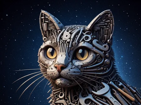 a close up of a cat made of tools , deep shadow, star (sky) <lora:tools-world-morph:0.8>