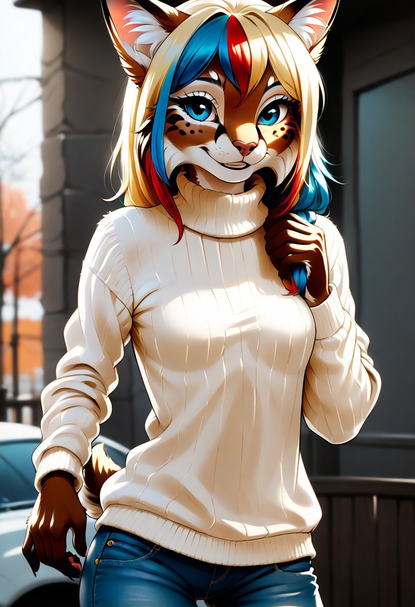 digital_media_(artwork) hi_res, score_9, score_8_up, score_7_up, score_6_up, score_5_up, score_4_up, rating_safe, anthro, furry, female, furry female, detailed textured fur, fur tufts, lynx, slim, slender, small breasts, cute, sweater, denim jeans, multicolor hair, streaked hair, red hair, blue hair, blonde hair, blonde fur, detailed blue eyes, smile, solo, SFW, BizenP,