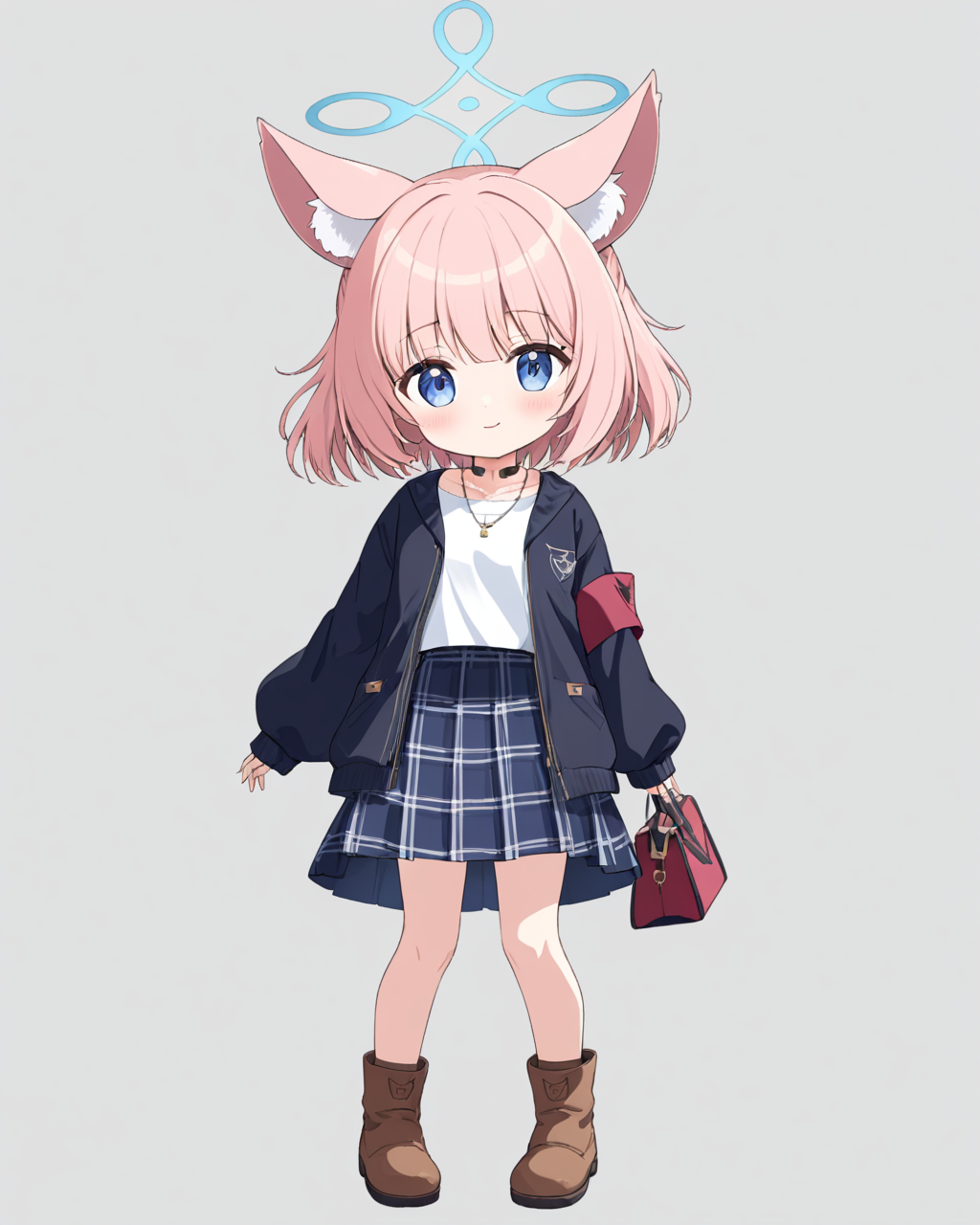 niko \(blue archive\),1girl, solo, halo, full_body, simple_background, looking_at_viewer, handbag, animal_ear_fluff, brown_footwear, long_sleeves, blush, necklace, white_background, smile, turtleneck, sweater, casual, open_jacket, standing, sleeves_past_wrists, black_jacket, long_skirt, alternate_costume, plaid_dress, parted_lips, boots, grey_background, shoes
<lora:niko_(blue_archive)_image432_2023-12-03:1>halo. gorgeous,key visual, vibrant, studio anime,award-winning, professional, highly detailed,high budget, cinemascope