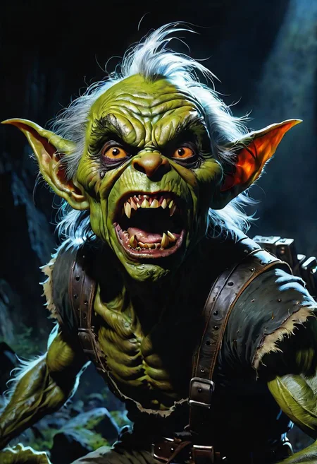 ((best quality)), ((masterpiece)), RTX, 8k, HDR, film plot, watercolor, oil paints, bright saturated colors, Bernie Wrightson, Darek Zabrocki, Gabriele Dell'otto, Ai Yazawa, Aleksi Briclot,image of a scary and grungy goblin, caricature style, scream, dark aesthetics, illuminating light, full frame, action pose, provocative gesture, insane detail, intricate details, beautifully shot, sharp focus, 6perfect anatomy, best composition, high contrast, cinematic, best art, atmospheric, gloomy, grotesque