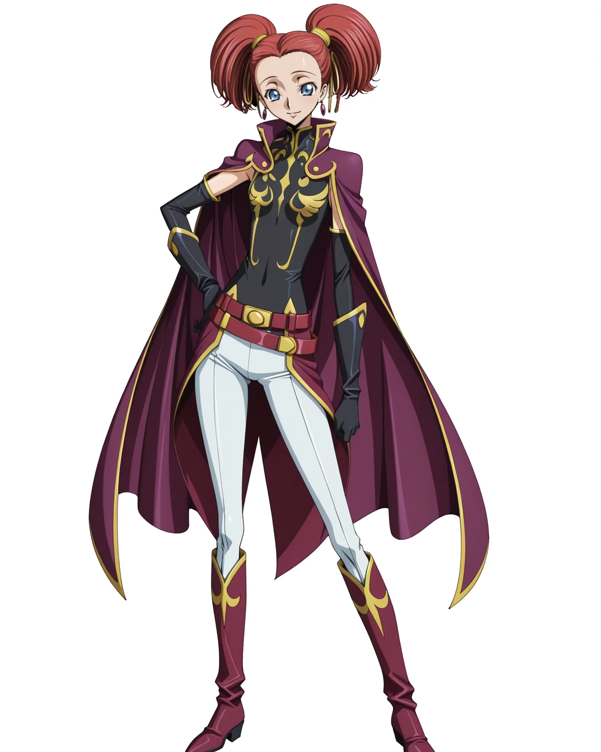 anime coloring,anime screencap,
highres,best quality,masterpiece,
shiny skin,
BREAK
<lora:transparent-background-illustriousxl-lora-nochekaiser:1>,transparent background,(white background:1.1),
Code Geass,
BREAK
<lora:Carine_ne_Britannia_Code_Geass_IL:1>,carbritan,1girl,solo,flat chest,twintails,blue eyes,red hair,short twintails,earrings,short hair,
gloves,white pants,black gloves,belt,elbow gloves,cape,uniform,military uniform,purple cape,military,popped_collar,black bodysuit,
standing,full body,smile,