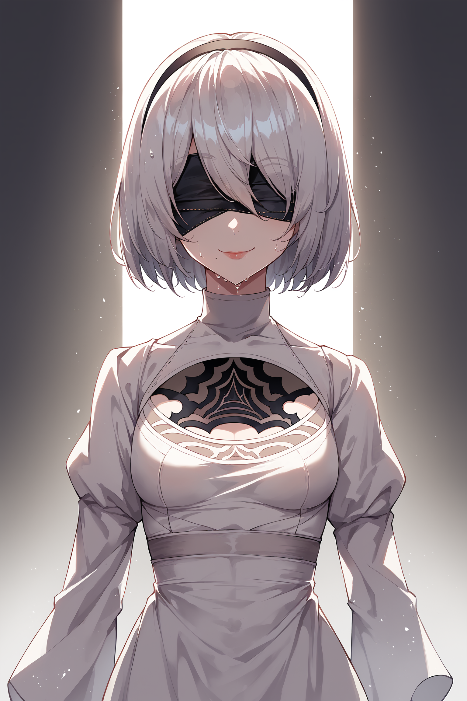 score_6, score_7, score_8 , score_9 ,score_10  , (hyper detailed illustration , masterpiece, best quality, soft shadows , super detailed macro details , perfect quality, soft ligthing:1)
(little girl:1) , small breasts , looking at viewer , straight on , smile  ,(beautifull 2.5D anime style), scary atmosphere , dark illustration , (rendered:1), (rendered eyes:1) ,   <lora:2b:1> 2b_\(nier:automata\), highres, black_hairband, black_blindfold, mole_under_mouth, absurdres , shirt, wet , dynamic pose