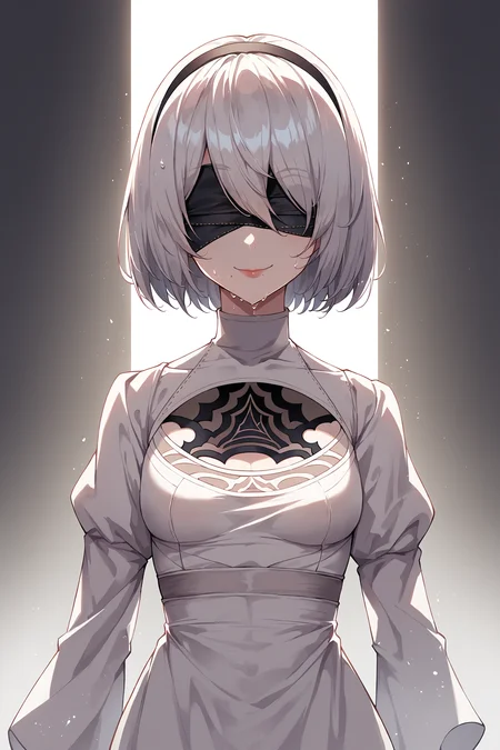 score_6, score_7, score_8 , score_9 ,score_10 , (hyper detailed illustration , masterpiece, best quality, soft shadows , super detailed macro details , perfect quality, soft ligthing:1)
(little girl:1) , small breasts , looking at viewer , straight on , smile ,(beautifull 2.5D anime style), scary atmosphere , dark illustration , (rendered:1), (rendered eyes:1) , <lora:2b:1> 2b_\(nier:automata\), highres, black_hairband, black_blindfold, mole_under_mouth, absurdres , shirt, wet , dynamic pose