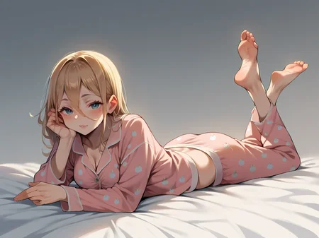 score_9, score_8_up, score_7_up, score_6_up, score_5_up, <lora:proneXLP:1> prone, on stomach, lying, the pose, pajamas, barefoot, curvy