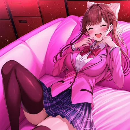 1girl, bangs, blazer, blush, bow, bowtie, braid, breasts, brown hair, closed eyes, collared shirt, eyebrows visible through hair, french braid, indoors, jacket, long hair, long sleeves, open mouth, pink bow, plaid, plaid skirt, pleated skirt, red bow, school uniform, shirt, skirt, smile, solo, thighhighs, white shirt,    <lora:pink light XL-v1.1:1>