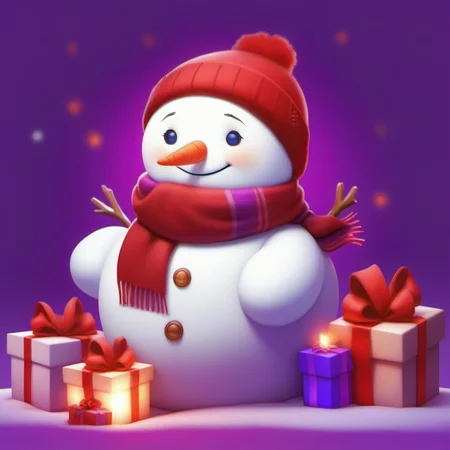 <lora:snowma_XSE_V1-000004:1>,snowman,purple background,colored lights,indoor,sad,behind the gift,red scarf,