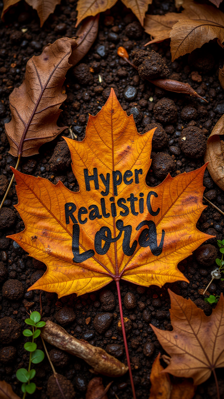 with Text:"Hyper Realistic Lora" written in the pattern of fallen autumn leaves on the ground, where the text blends naturally into the hyper-detailed textures of the leaf veins and soil.  , aidmaHyperrealism, midjourney6.1