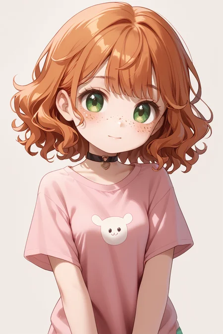 score_9,score_8_up,score_7_up,
<lora:porochaStyle:1> porochastyle,
1girl, pretty, cute, short orange hair, wavy hair, bangs, green eyes, freckles, small breasts, pink shirt, black choker,