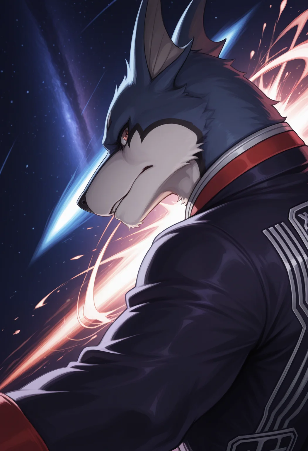 masterpiece,best quality,amazing quality, 1boy, solo, d0gg13, furry, space robe, red eyes, close up, side angle, looking at viewer, attack, spaceship,