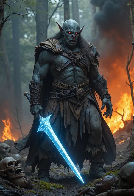 <lora:ck-Orcs-000016:1>, ck-0rcs, a portrait of an elderly orc, lifeless cold red eyes, fierce look, sharp teeth, he is standing in a lush forest battlefield, dark smoke and fire in the background, skulls and corpses on the ground, he is wearing a glowing glimmering blue sword,
aidmaMJ6.1 <lora:aidmaMJ6.1v0.4:0.4>