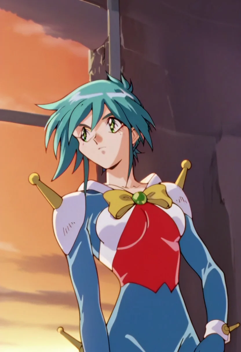 score_9, score_8_up, score_7_up, source_anime, 2gallenby, pilot suit, chest jewel, bow, wrist cuffs, antennae, shoulder armor, asymmetrical legwear, cowboy shot, anime screencap, retro artstyle, 1990s (style),