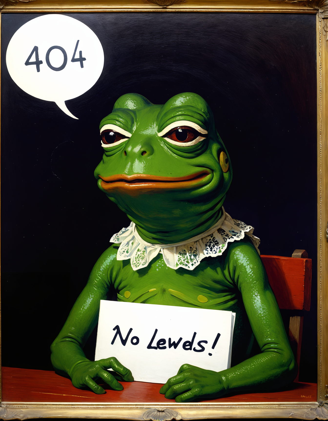 Pepe the Frog, an anthropomorphic amphibian character, prominently featured in an internet meme culture, holding a handwritten sign in front of him. The sign reads "404 ERROR: NO LEWDs, NO ART" in bold capital letters. Pepe's expression is one of sadness., <lora:add-detail-xl:3>, (Oil painting) (by Jean-François Millet), (by Gustave Courbet), (by Jules Breton), close up