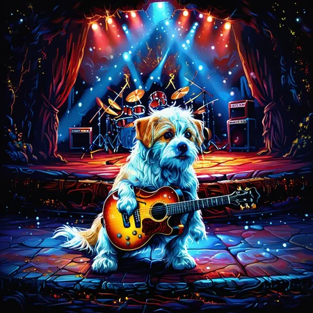 Hyperrealistic, crystal-clear portrait of a <lora:ZIP_SDXL:1> zip dog looking at the viewer Walking on stage playing his guitar <lora:1980s_Fantasy_Style_test_2:0.3> 1980s Fantasy Style, vivid color <lora:Rock_Concert:0.5> r0ckc0ncert, on stage, instruments <lora:tbh160-sdxl:0.8> style of Dan Mumford with super sharp details and vivid colors, intricate textures, and pristine clarity.