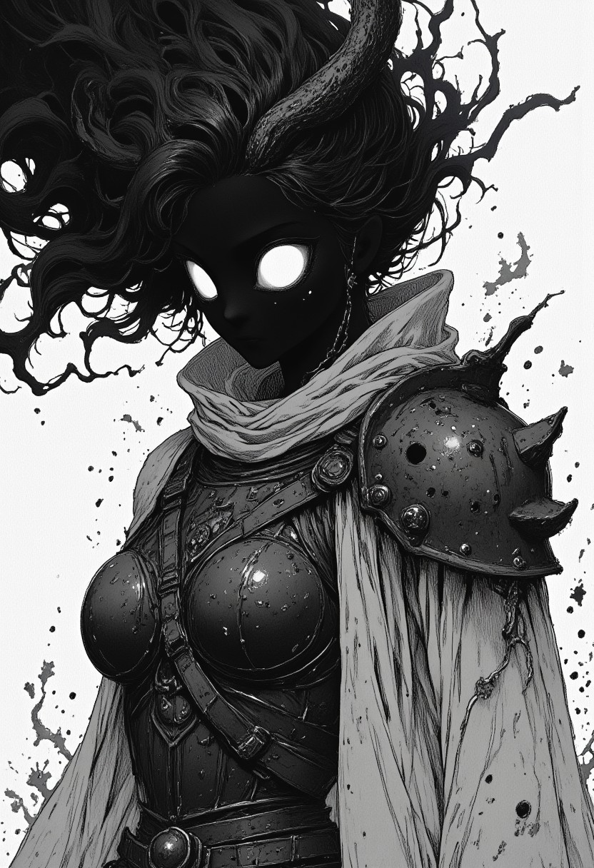 nistyle, A gritty Manga Sketch Showing an hkevil spectral haunting shadow girl, a horned goddess of war with armored pauldron, Cleavage, Busty, billowing Aura, hood, shaded eyes, black skin, amazing Details, high Quality and hyperdetailed realistic, volumetric lighting, Studio Ghibli Dark Fairytale