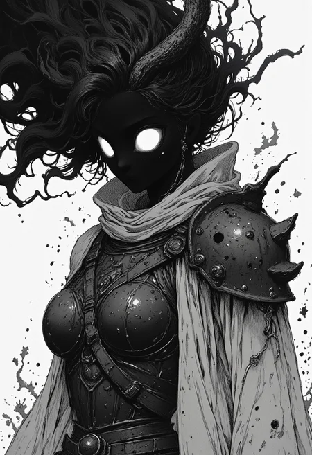 nistyle, A gritty Manga Sketch Showing an hkevil spectral haunting shadow girl, a horned goddess of war with armored pauldron, Cleavage, Busty, billowing Aura, hood, shaded eyes, black skin, amazing Details, high Quality and hyperdetailed realistic, volumetric lighting, Studio Ghibli Dark Fairytale