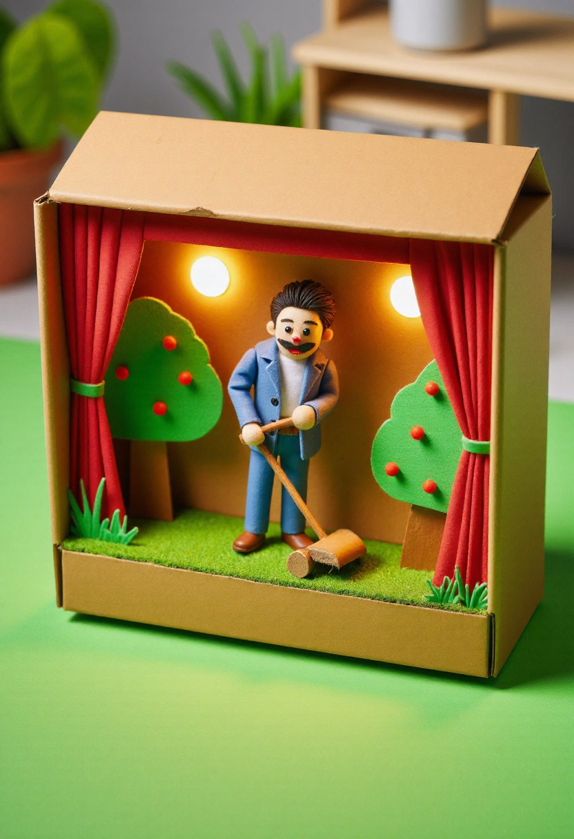 <lora:Finger_Puppet_Theater_FLUX-000013:0.9>
The image is a photograph of a whimsical, handcrafted diorama with a cardboard box set up as a stage,  featuring  a man mowing his law