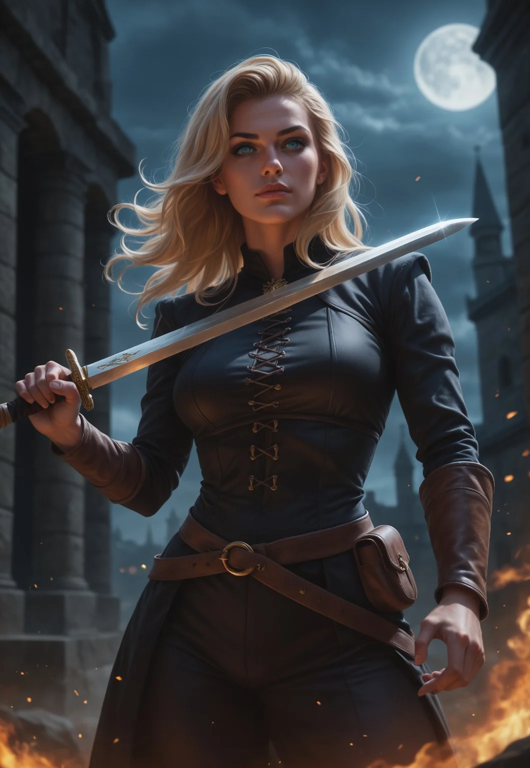 core_9, score_8_up, score_8, semi realistic, ultra detailed, 8k, high quality, hi res, high quality, detailed eyes, perfect eyes, detailed face, 1girl, sharp focus, cowboy-shot, focus on hip, (1girl:1.2), beautiful adult female, goddess, cursed monster slayer, dark fantasy, triadic light colored hair, ancient battle suit, standing on a dark tower, killing gruesome biological creature, rich monochromatic shades, ultra-detailed face expression, structured via Gestalt principles, dynamic pose, (((huge sword in hands, two-handed sword in hands))), cinematic angle, cinematic lighting, athletic body, focused face, blue eyes, action pose
BREAK
Random background, blue sky
BREAK
source_dark_fantasy_art, rating_explicit, expressive, upper body, dynamic pose
BREAK
detailed beautiful background, dark tower, gruesome biological creature, rich monochromatic shades, ancient battle suit, cursed monster slayer, Lord of the Ring, dark fantasy atmosphere
(((full clothed)))
<lora:add-detail-xl:1>
<lora:Dynamic Poses:1>
<lora:DandonFuga_Style_v.2_-_Pony:0.8>