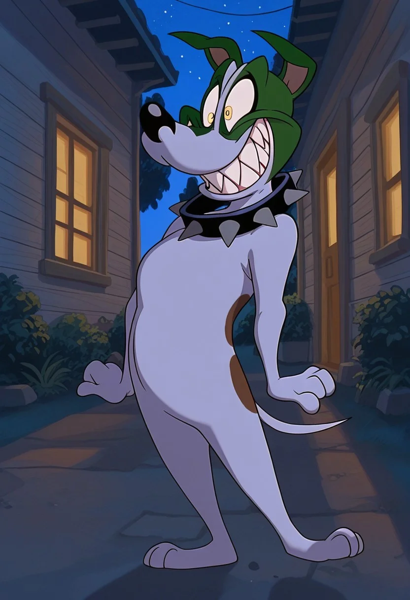 masterpiece, best quality, amazing quality, The Mask dog, Otis, 1boy, dog, jack russel terrier, anthropomorphic, green with white face, crazy eyes, black nose, sharp teeth, white and brown fur, black spiked collar, bara, full body, smile