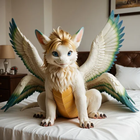 score_9, score_8_up, score_7_up, score_6_up, score_5_up, score_4_up, masterpiece, high quality, realistic, detailed, best quality, white bed, solo, rating_safe, source_furry, bedroom, smiling, seductive, looking at viewer, full body, detailed eyes, flammie_mana, dragon, furred dragon, feathered wings, (multiple wings, four wings:1.5), color tipped wings, tail, claws, white fur, blonde hair, yellow underbelly, green tipped wings, blue eyes, feral, 1girl, female