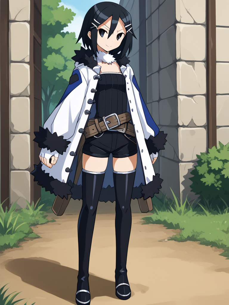 1girl, solo, asagidisgawars, black hair, short hair, black eyes, hairclip, hair between eyes, white fur collar, white fingerless gloves, shirt, white hooded coat, long sleeves, black fur trim, belt, shorts, thigh boots, outdoors, standing, full body, serious, smile