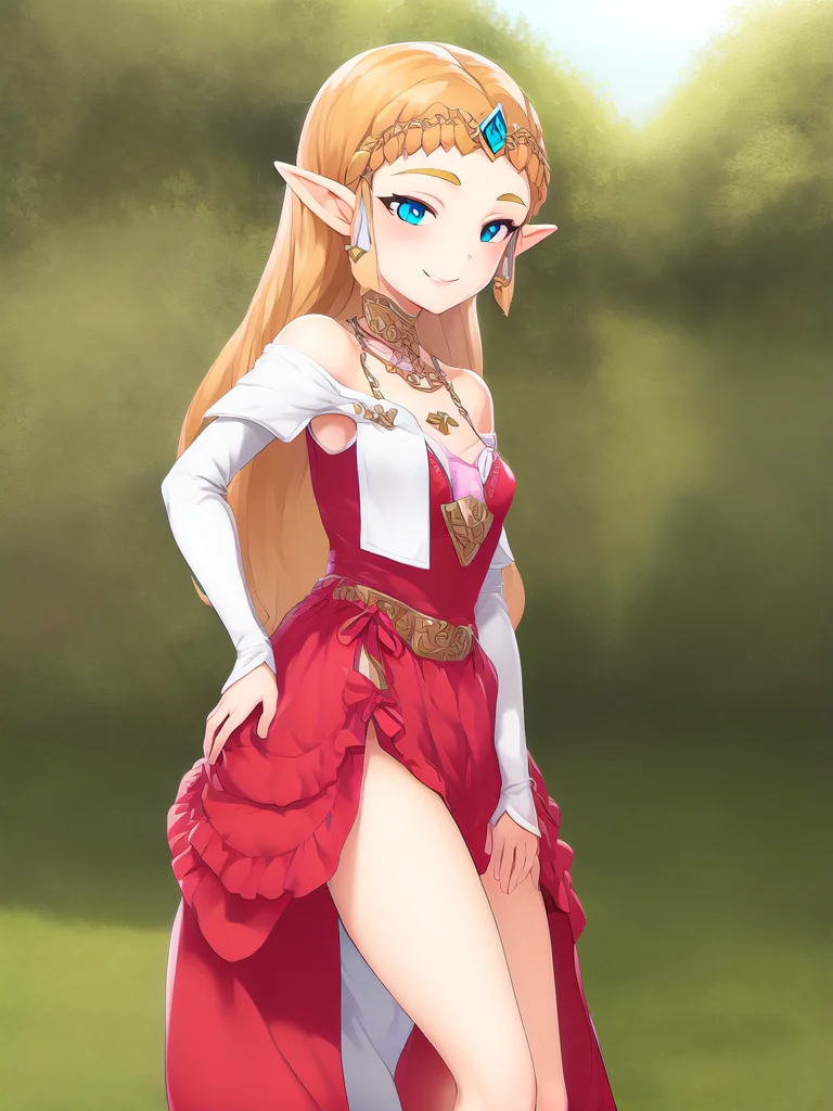 masterpiece, best quality, 1girl, solo, princess zelda, dress, blonde hair, long hair, short dress, smile, facing to the side, <lora:LostRuins:1>
