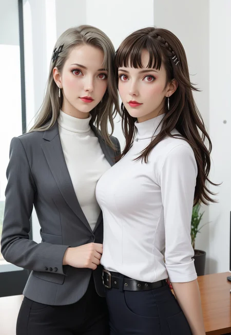 safe_pos, score_9, score_8_up, score_7_up, rating_safe, stunning background, 2girls, standing in office, (casual, slim, posing, flirty, sporty, large breasts, cute:1.3), eye_focus, close-up, looking_at_viewer, gr33n, BREAK p5makoto, niijima makoto, brown hair, blunt bangs, crown braid, red eyes, p5makoto-sumcas, shirtdress, long shirt, white shirt, black pants, capri pants, black belt, thin belt, loose belt, casual, leggings, BREAK p5sae, sae niijima, long hair, grey hair, lipstick, makeup, earrings, p5sae, p5sae-default, pendant, pant suit, formal, turtleneck, suit, nail polish, high heels, black footwear,