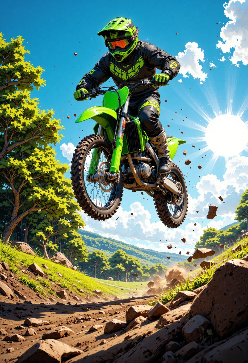 In this vibrant image, a young motocross rider soars through the air, his bright green bike a blur as he executes a flawless jump. The rider, clad in a black and neon green helmet, a matching full-face mask, and a sleeveless jacket with a bold, geometric pattern, is suspended mid-air, his knees bent and his arms outstretched for balance. The bike's tires are splayed out to either side, its engine roaring with a hint of blue smoke.  The sun casts a warm glow over the scene, illuminating the lush greenery below and casting long shadows across the dirt track. A few wispy clouds drift lazily across the brilliant blue sky, their soft, white peaks a striking contrast to the rugged, earthy tones of the landscape.  To the left, a dense thicket of trees provides a lush, verdant backdrop, their leaves a vibrant green and their branches swaying gently in the breeze. The camera angle is low and dynamic, capturing the rider's exhilarating flight and the rush of adrenaline that comes with it. The style is one of kinetic energy and freedom, the image a testament to the thrill of competition and the joy of flight.<lora:CustomFlux/MysticComic.safetensors:1.0:1.0>