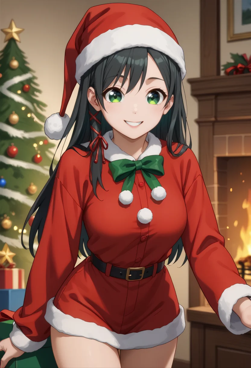 score_9, score_8_up,
1girl, <lora:AmagamiYae_Amagamisan_PDXL:0.9>, amagamiyae, black hair, green eyes, red ribbon, hair ribbon,
christmas outfit, santa hat ,
smiling