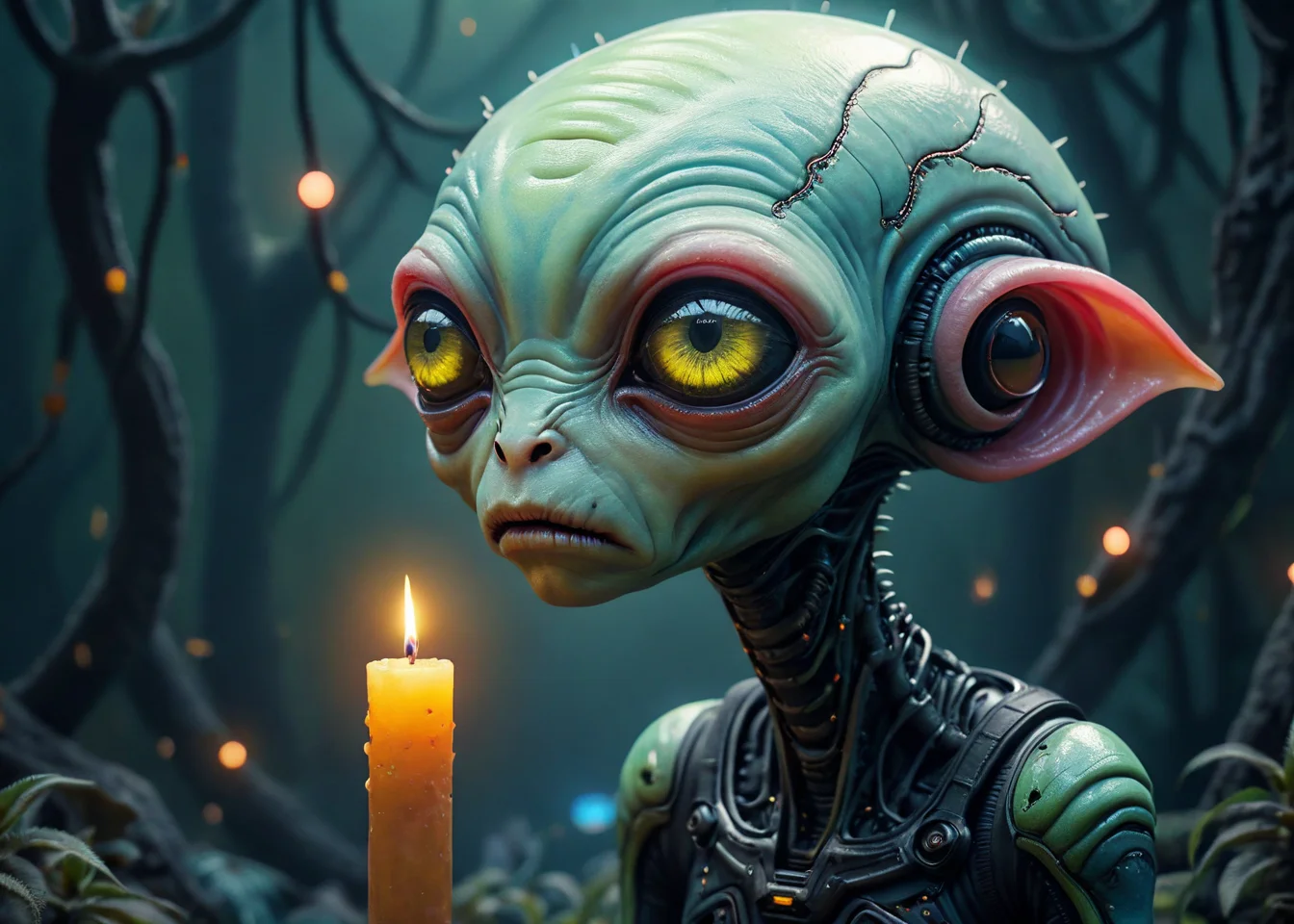 xslx, surrealism, iconic sad female alien species face, highly detailed, Simple, Candle light, electric pink, eerie, pristine, serene <lora:fx-01:1.25> <lora:surrealism-v1:1> <lora:alien-species:.4>