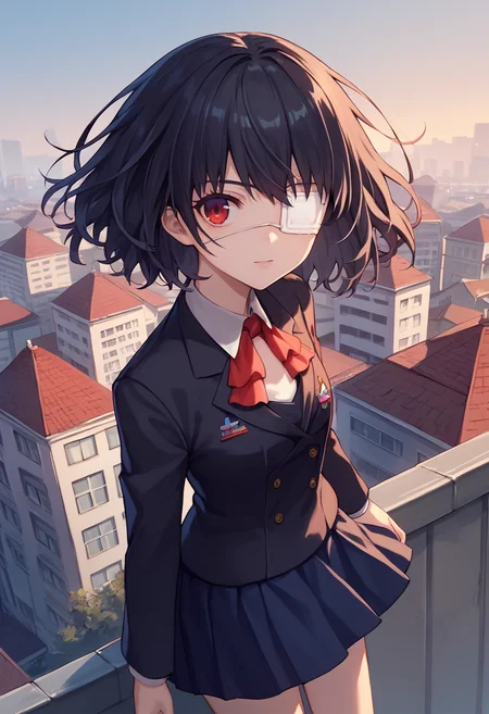 score_9, score_8_up, score_7_up,  source anime,  1girl, mskr, black hair, short hair, red eyes, eyepatch, red ascot, black blazer, dark blue skirt, short skirt,  rooftop, evening, looking at viewer,  <lora:Misaki Mei REX-000008:1>
