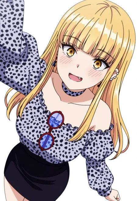 masterpiece,high quality details, absurdres,
<lora:Ruriko:0.8>
ruriko_cnr,1girl, blonde hair, long hair,blunt bangs, yellow eyes, fang, ear piercing,earrings,
ruriko_s2, collarbone,grey shirt, off shoulder, long sleeves, puffy sleeves,pencil skirt, leopard print,choker,eyewear hang,, simple background, white background, dynamic angle,solo,, blush,excited,, one arm extended forward,body curled sideways,intense gaze,