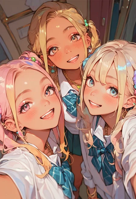 score_9, score_8_up, score_7_up, score_6_up, source_anime, 3girls, skinny, young girls, group selfie, gyaru, jewellery, accessories, school uniform