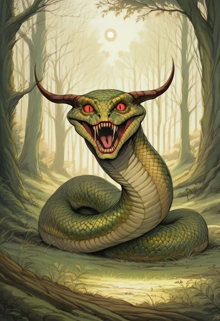Highres, Masterpiece, High Quality, (masterpiece, best quality, highly detailed),
score_9, score_8_up, score_7_up,
drawing, in the style of Beatrix Potter,
sinister,
giant green snake moving through a forest, red eyes, back horns on snake head, creepy moon, low light,