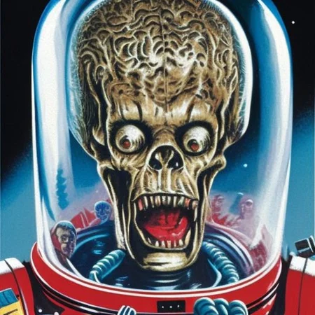 a portrait painting an alien in a clear space suit helmet in the style marsattacks, highly detailed