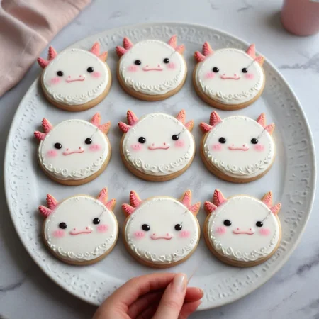 <lora:lora:1>cookie art design, <lora:Axomodelv2.1:1> simple round cartoon cookie art, delicious cute axolotl cookies with icing, flat cookies, cookies with cute design <lora:add-detail-xl:1>,