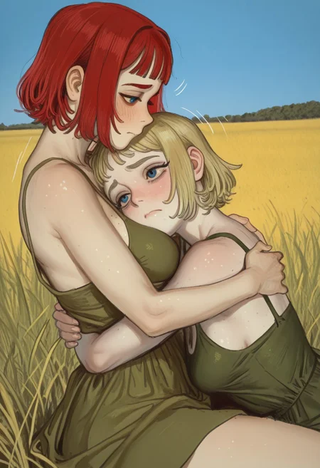 fine detail, high quality eyes, amazing quality, very aesthetic, high resolution, Masterpiece, best quality, (shindol:0.7), (mossacannibalis:0.7), (mossa-40k),
solo, looking at another, hug, head on breasts, sitting, girl on top, face close-up shot,
2girls, buhanka, short hair, red hair, bangs, blue eyes, medium breasts,
marichka, blonde hair, short hair, medium breasts, (green summer dress), bare shoulders, medium breasts, shy face, sexy girls, blush, motion lines,
Outdoors, day, Field, blue sky, yellow grass, (blur background)
