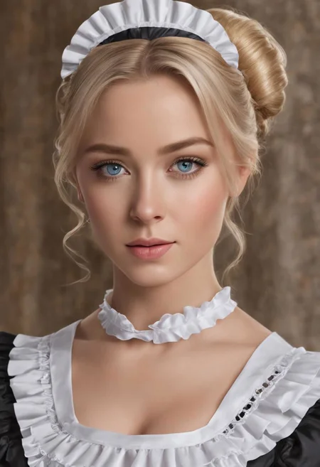 1 girl, adult british woman, blue eyes, blonde ponytail hair, wearing victorian style cute maid dress, symmetrical eyes, ultra highres, photorealistic, 8k, hyperrealism, studio lighting, photography, ultra realistic 8k, masterpiece, highly detailed, fine details best quality, hyperdetailed face, (photorealistic:1. 4), (highest quality), (best shadow), high contrast, Film Still, Cinematic, Cinematic Lighting, Cinematic Shot