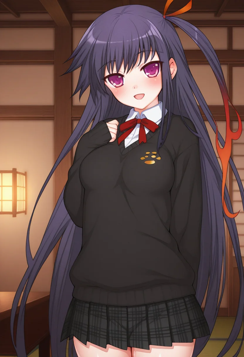 ((safe)), 1girl, (yukimasa_muramasa, school uniform, black sweater, white shirt, skirt, medium breasts), blush, smile, open mouth, indoors, shiny skin, best quality, amazing quality, very aesthetic, absurdres, <lora:yukimasa_muramasa_ill:1>