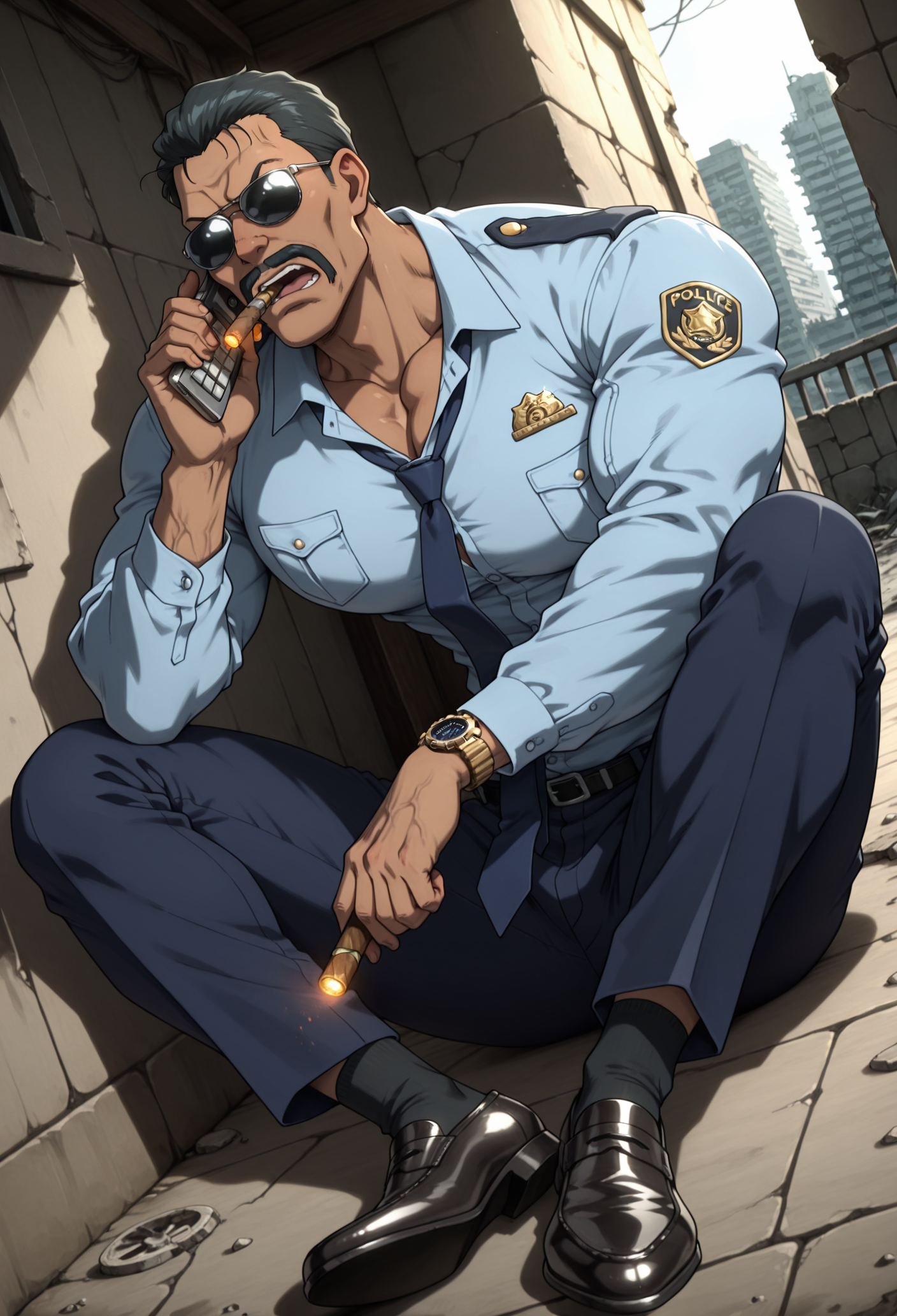 BREAK anime color,from_side,dutch angle,full_shot,(solo),1boy,male focus,
full-length portrait,on ground,with a cigar in his mouth,call for help,holding_phone,take a pistol,
masculine face,daddy looking face,masculine,wrinkle,Villain,thug,
Abrego,Black hair,sunglasses,mustache,<lora:Abrego__Black_Lagoon:0.8>,
annoyed,open mouth,
police_uniform,dark blue pants,light blue shirt,dark blue tie,formal attire,long_sleeves,large leather shoes,pure black socks,
tlarger men,Big body,broad shoulders,stocky_body,big muscule,
Dark skin,Muscled,narrow waist,toned body,
large pectorals,long legs,have muscular legs,
detailed face,detailed body,perfect anatomy,
masterpiece,best quality,amazing quality,
k0n0hanaya,<lora:-Konohanaya:0.4>,
Hotcha,<lora:hots_r1:0.2>,<lora:cfg_scale_boost:0.2>,<lora:NAI_QualityV1.1:0.4>,<lora:add-detail-xl:0.7>,
multicolored_background,men's watch,building_ruins,