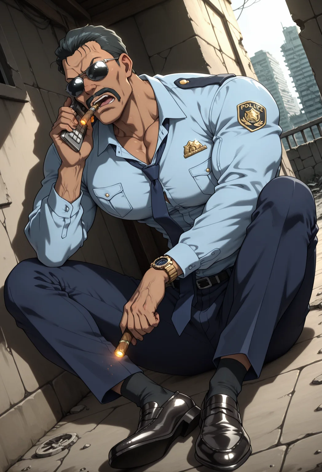 BREAK anime color,from_side,dutch angle,full_shot,(solo),1boy,male focus,
full-length portrait,on ground,with a cigar in his mouth,call for help,holding_phone,take a pistol,
masculine face,daddy looking face,masculine,wrinkle,Villain,thug,
Abrego,Black hair,sunglasses,mustache,<lora:Abrego__Black_Lagoon:0.8>,
annoyed,open mouth,
police_uniform,dark blue pants,light blue shirt,dark blue tie,formal attire,long_sleeves,large leather shoes,pure black socks,
tlarger men,Big body,broad shoulders,stocky_body,big muscule,
Dark skin,Muscled,narrow waist,toned body,
large pectorals,long legs,have muscular legs,
detailed face,detailed body,perfect anatomy,
masterpiece,best quality,amazing quality,
k0n0hanaya,<lora:-Konohanaya:0.4>,
Hotcha,<lora:hots_r1:0.2>,<lora:cfg_scale_boost:0.2>,<lora:NAI_QualityV1.1:0.4>,<lora:add-detail-xl:0.7>,
multicolored_background,men's watch,building_ruins,
