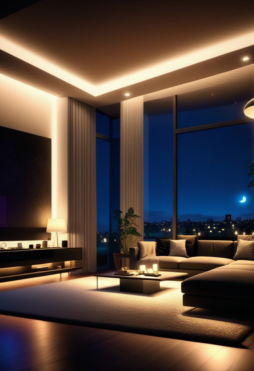 a Jed-Modern living room,by night, masterpiece, full of details,ambient light, photorealistic, sharp and in focus