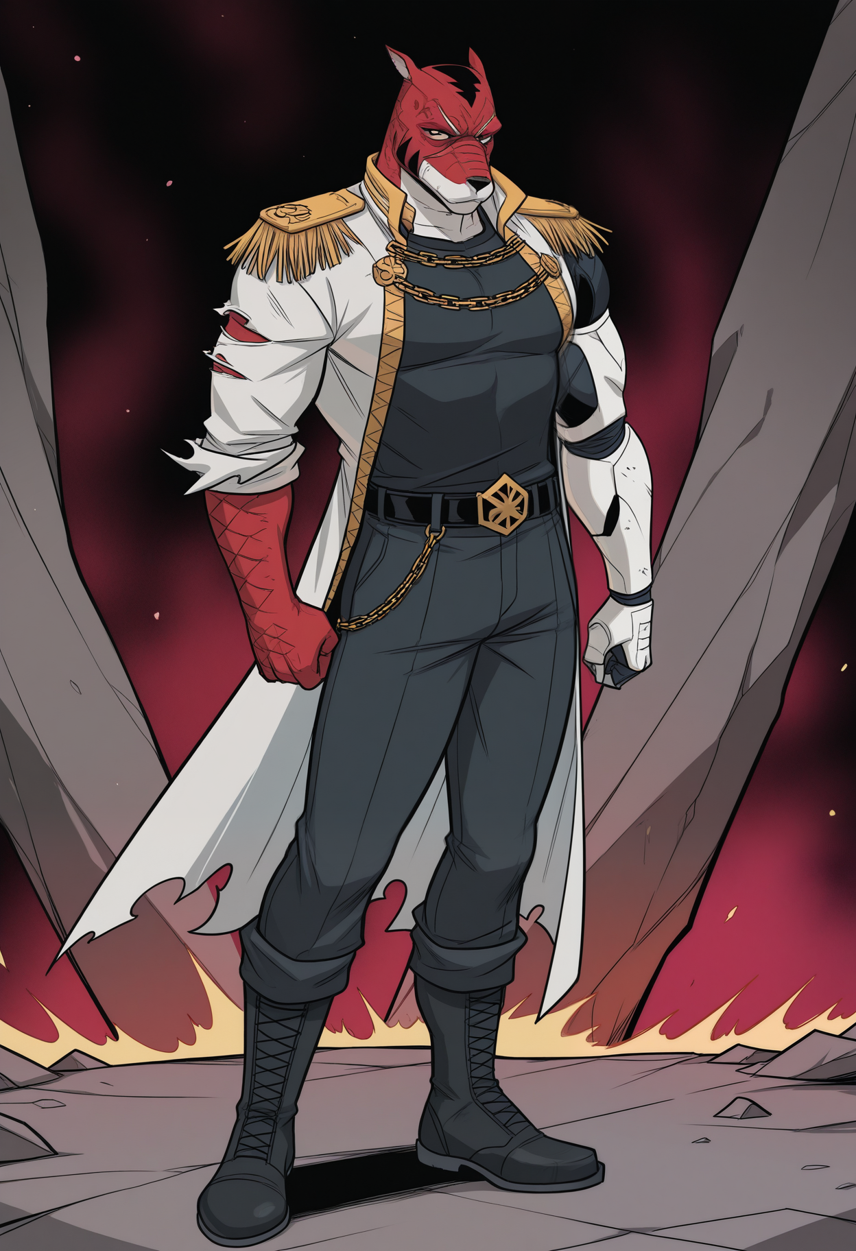 masterpiece,best quality,amazing quality, 1boy, solo, 1boy, solo, d4yn3, furry, red scales, scar on face, red eyes, military uniform, torn sleeve, black shirt, belt, single prosthetic arm, black pants, black boots, gold chain, epaulettes, full body, 